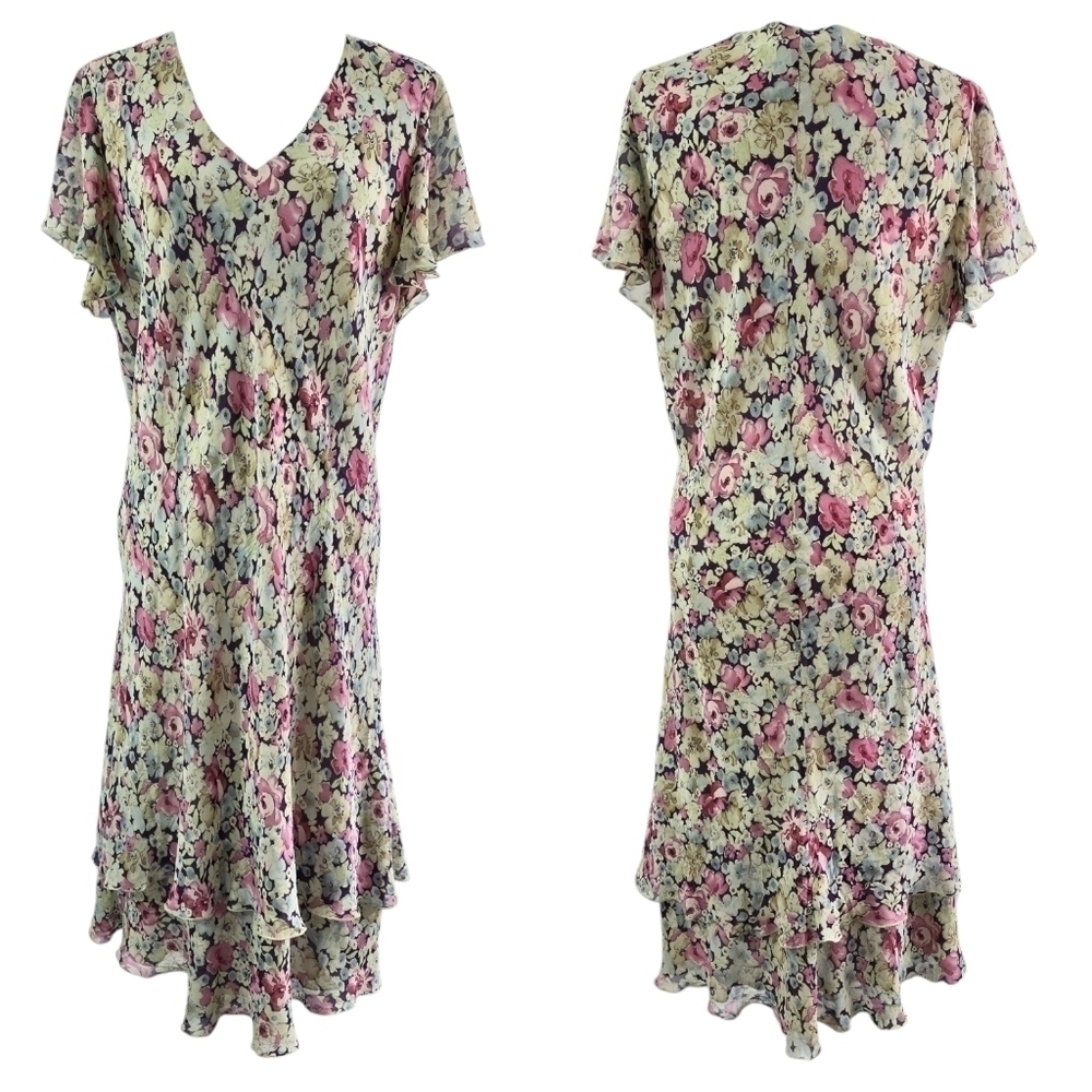 Vintage Coldwater Creek Silk Green Floral Tiered Midi Dress Fairy Bloomcore